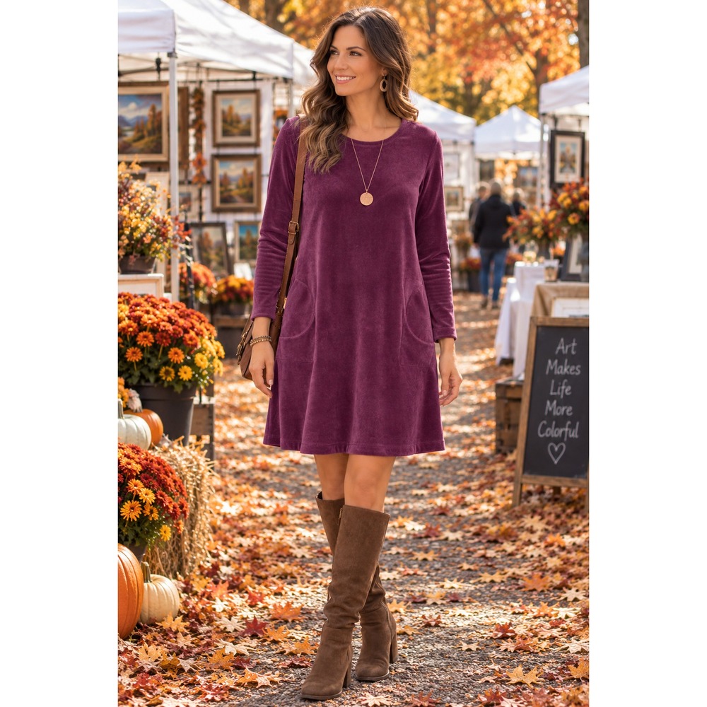 Pure Jill J Jill MP Petite Purple Velour Dress Long Sleeve Pockets Stretch